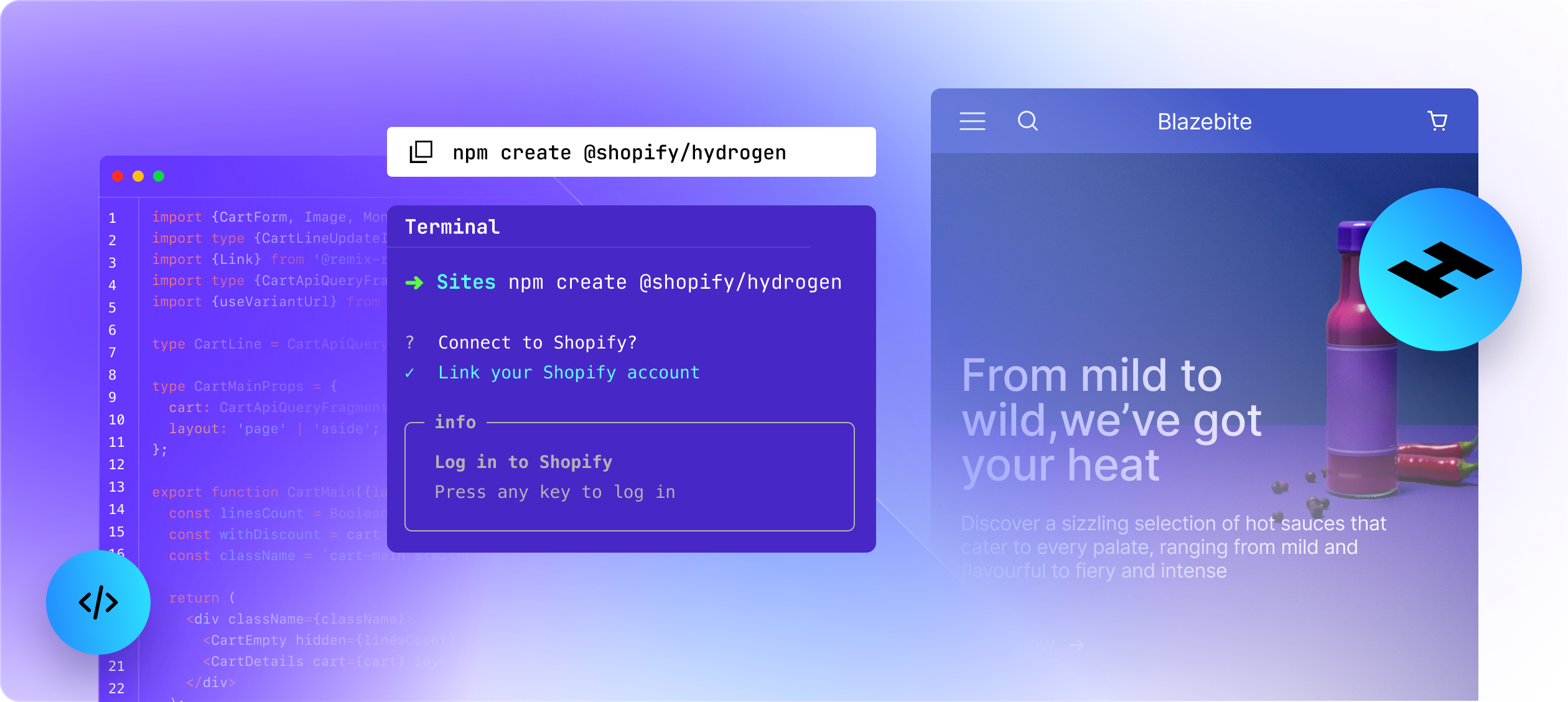 3 screens: a sample of Hydrogen code, a command-line interface, and a website built on Hydrogen