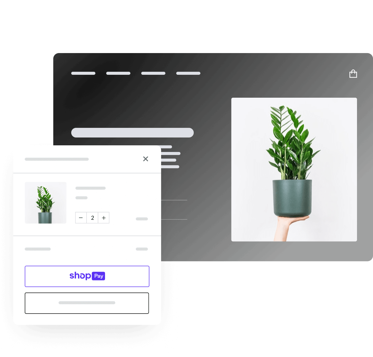 Een product (een plant) in een Shopify webshop en in een online winkelwagen.