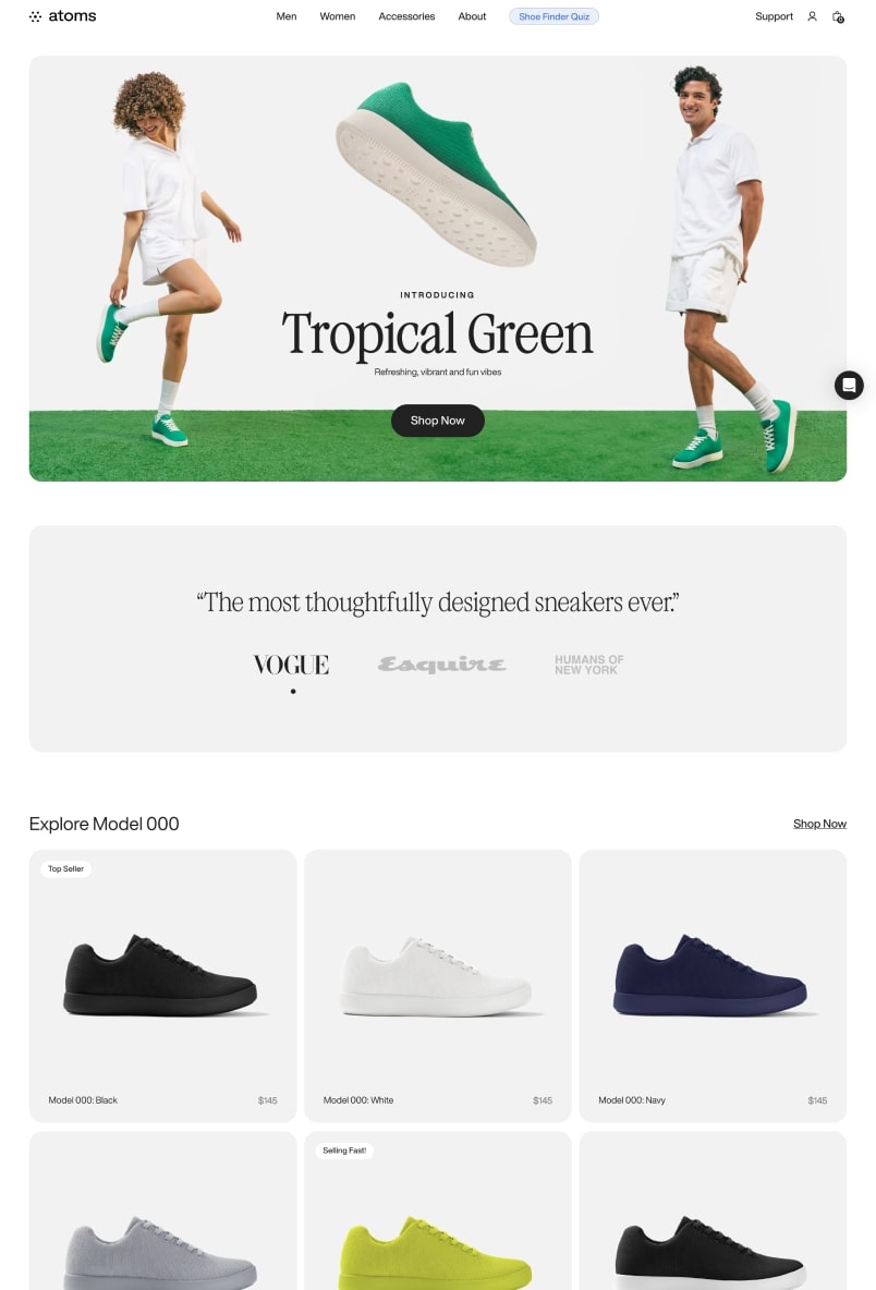 Sitio web de Atoms, que vende calzado cómodo