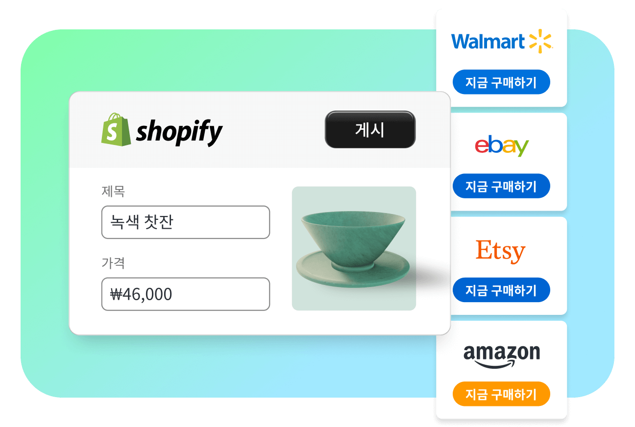 Shopify 스토어를 Amazon, Walmart, eBay, Etsy와 같은 여러 온라인 마켓플레이스에 연결하는 기능을 나타내는 다이어그램 이미지입니다.