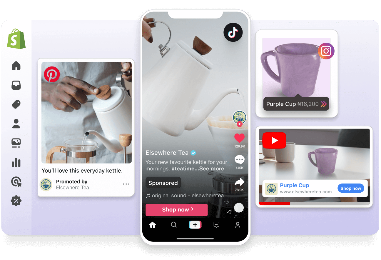 An abstract view window of the Shopify Admin. Overlayed over the left side of the window is a Pinterest sponsored ad and a TikTok sponsored video, both featuring a white teapot for sale. Overlayed on the right side is a sponsored YouTube video and an Instagram post with a product tag, both promoting a purple cup.