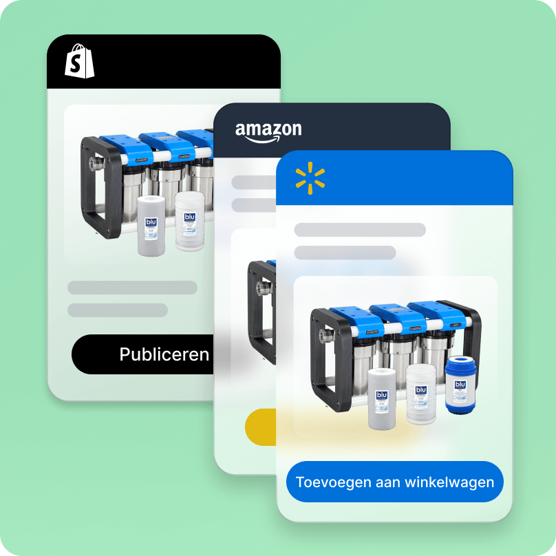 Gelaagde mobiele weergaven van hoe Blu Technology gebruikmaakt van Shopify Marketplace Connect om hun producten te synchroniseren met Amazon Marketplace en Walmart Marketplace.