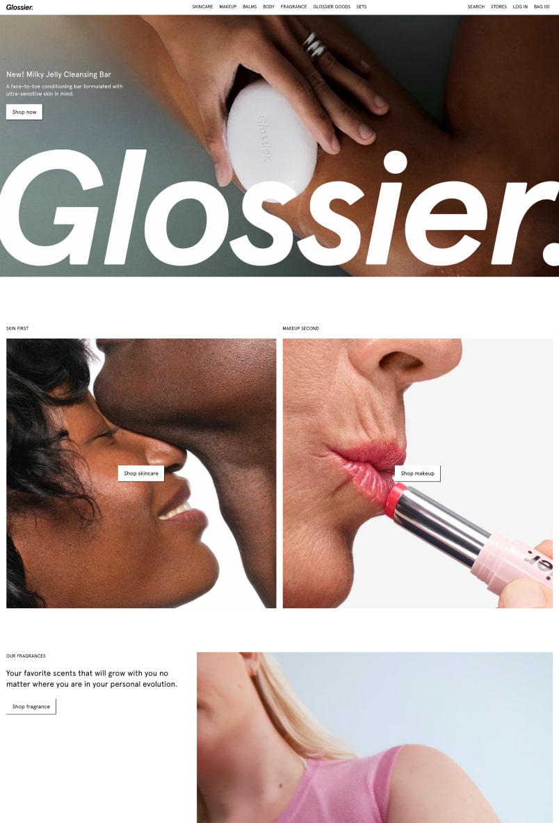 Sitio web de Glossier, que vende productos de belleza