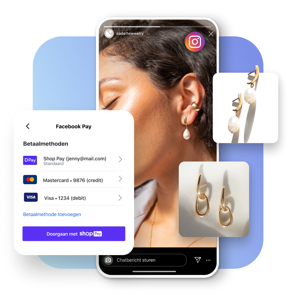 Een jonge vrouw met gouden pareloorbellen in een Instagram-story. Een interface die betaalmethoden toont. Producttegels met twee paar oorbellen van Cadette Jewelry.