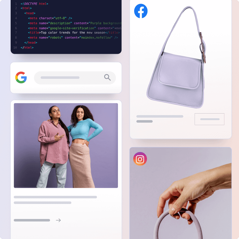 Una selección de imágenes de marketing de un negocio de ropa, que muestra la vista previa de una publicación en un blog junto con los anuncios en Google, Facebook e Instagram.