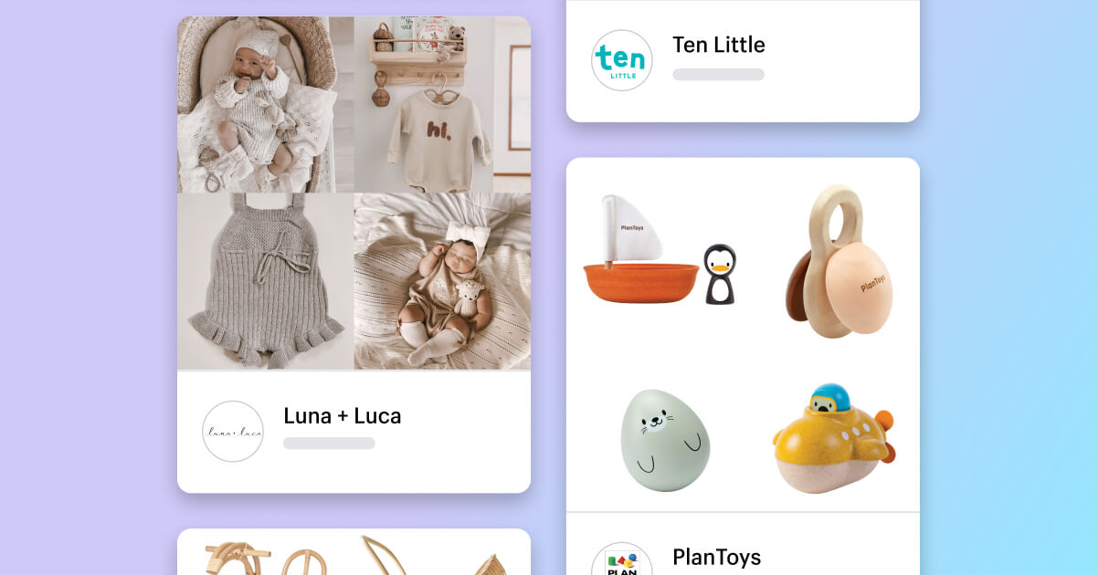 A collage of tiles featuring different Shopify stores selling baby products which merchants can connect and sell on their own online store.