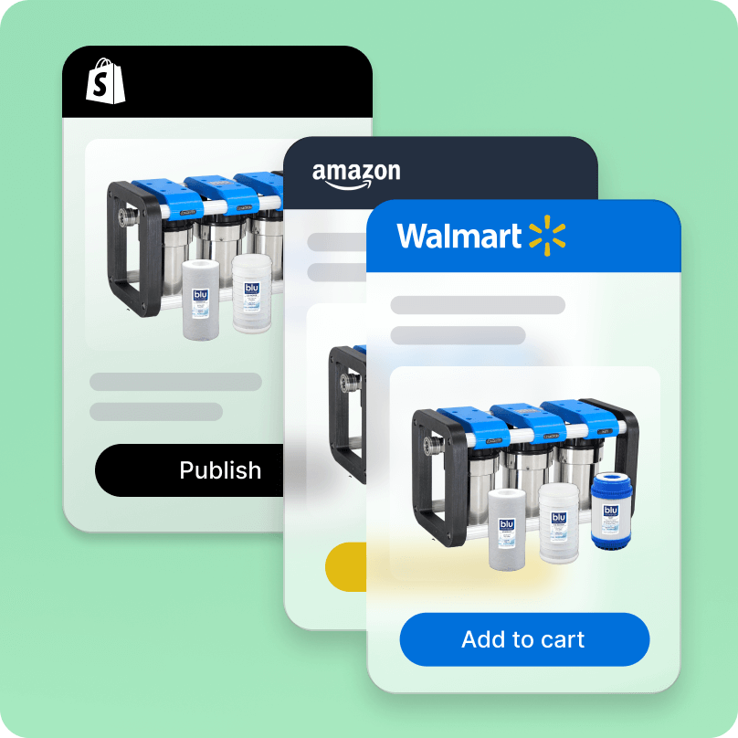Layered mobile views of Blu Technology using Shopify Marketplace connect to populate their products on Amazon Marketplace and Walmart Marketplace.