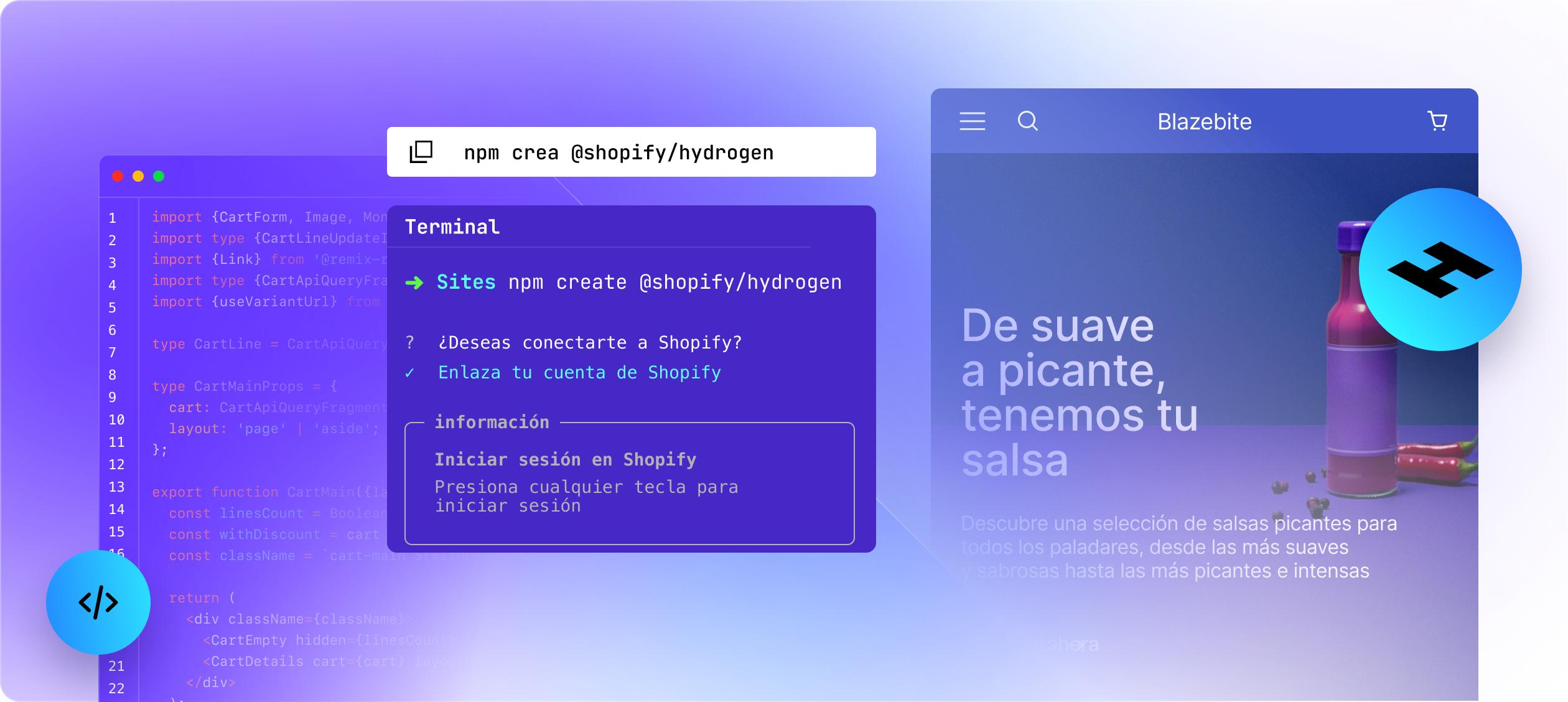 Tres pantallas: una muestra de código de Hydrogen, una interfaz de línea de comandos y un sitio web creado con Hydrogen