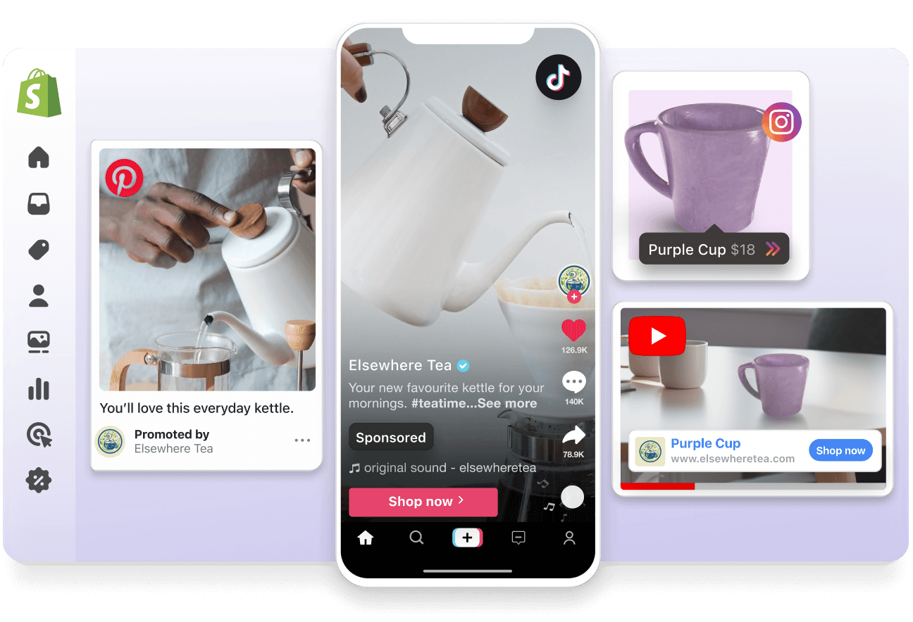 An abstract view window of the Shopify Admin. Overlayed over the left side of the window is a Pinterest sponsored ad and a TikTok sponsored video, both featuring a white teapot for sale. Overlayed on the right side is a sponsored YouTube video and an Instagram post with a product tag, both promoting a purple cup.