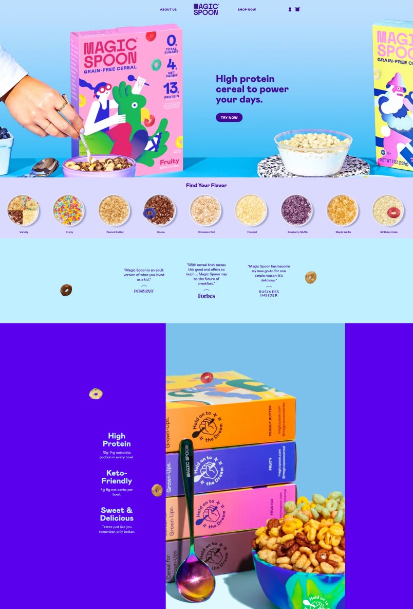Sitio web de Magic Spoon, que vende cereales saludables