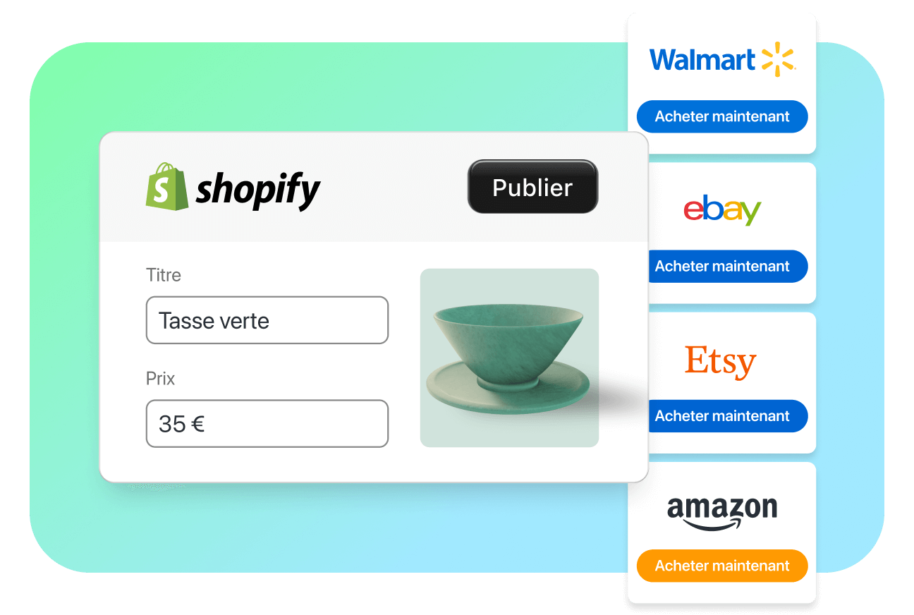 Image d’un graphique illustrant la capacité à se connecter à une boutique Shopify avec plusieurs places de marché en ligne comme Amazon, Walmart, eBay et Etsy.