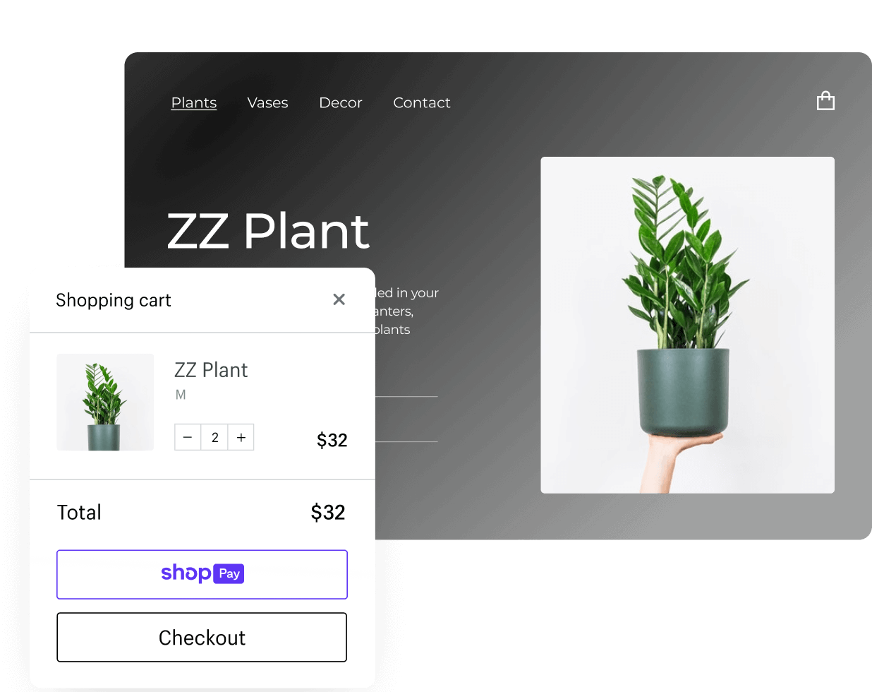 A plant product in a Shopify online store and in an online shopping cart.