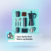 A product image of tools used for making coffee and tea while out in the wilderness. Including a travel mug, coffee beans, utensils, a moka pot, a kettle, a travel bag, and a thermos. A product UI tag on top reads "12pc Après Surf Warm-up Bundle" with an icon for Shopify Bundles app on the left.