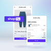 A product page for an Everyone Utility Barrel pant, with a checkout UI showing a CTA to "Pay now".