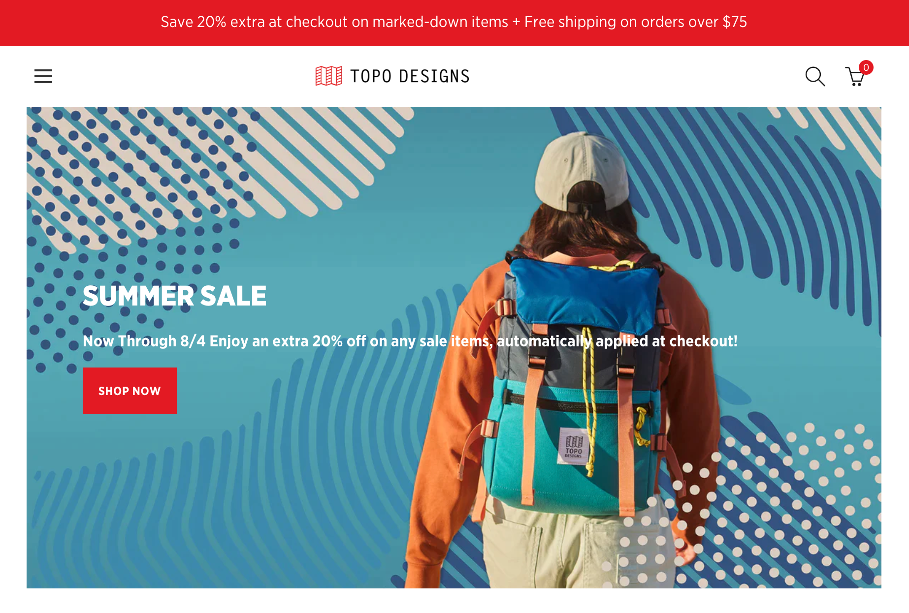 Screen grab of homepage on the Topo Designs ecommerce website