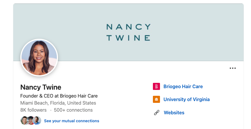 Nancy Twine’s Linkedin profile showing her photo, location, company name and education.
