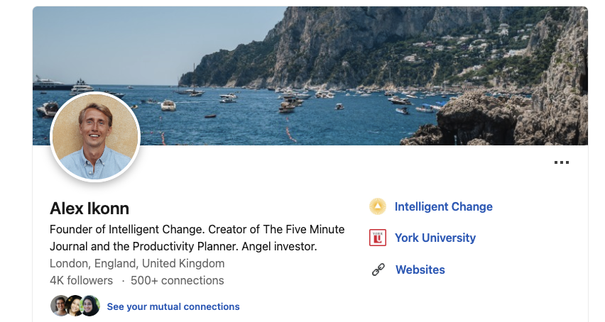 Alex Ikonn’s Linkedin profile showing his photo, location, company name and education.