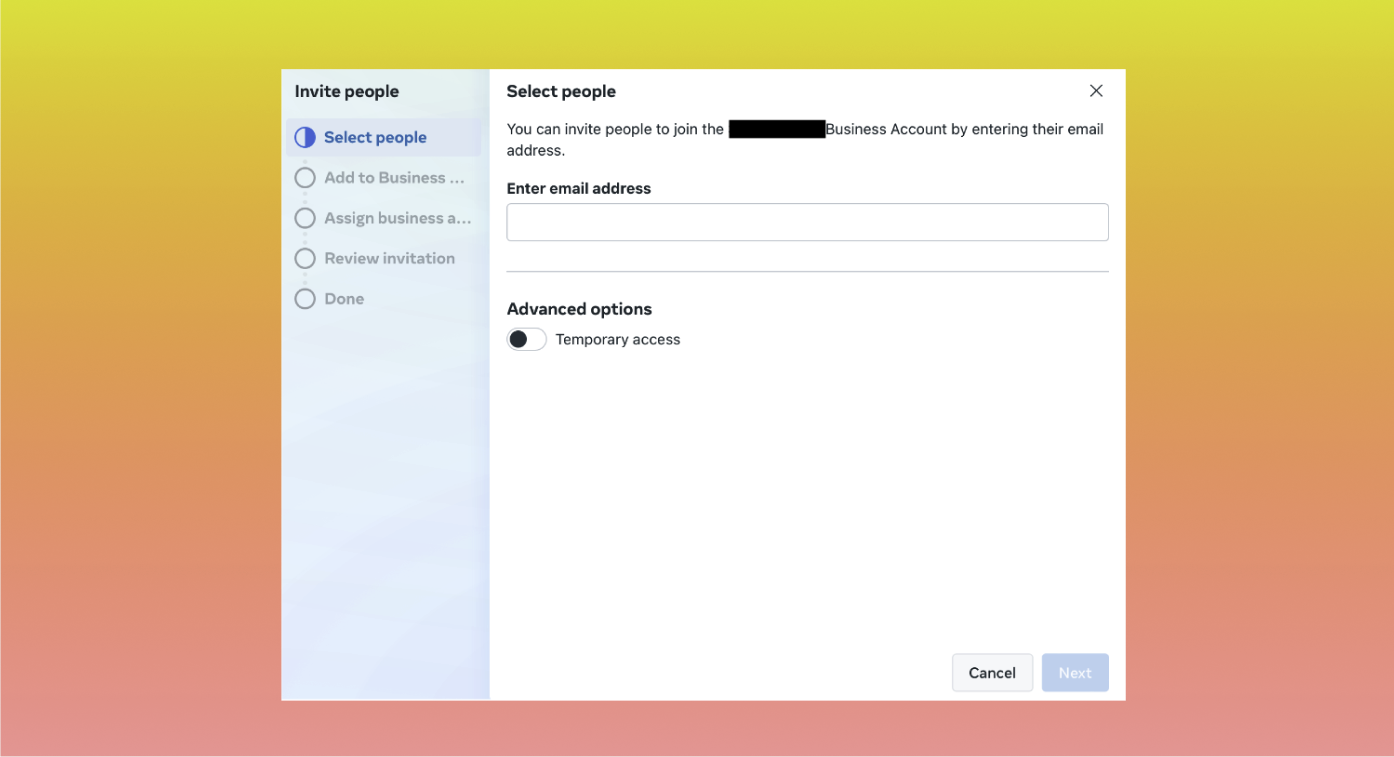 Facebook Business Manager dashboard showing option to input email addresses to invite users.