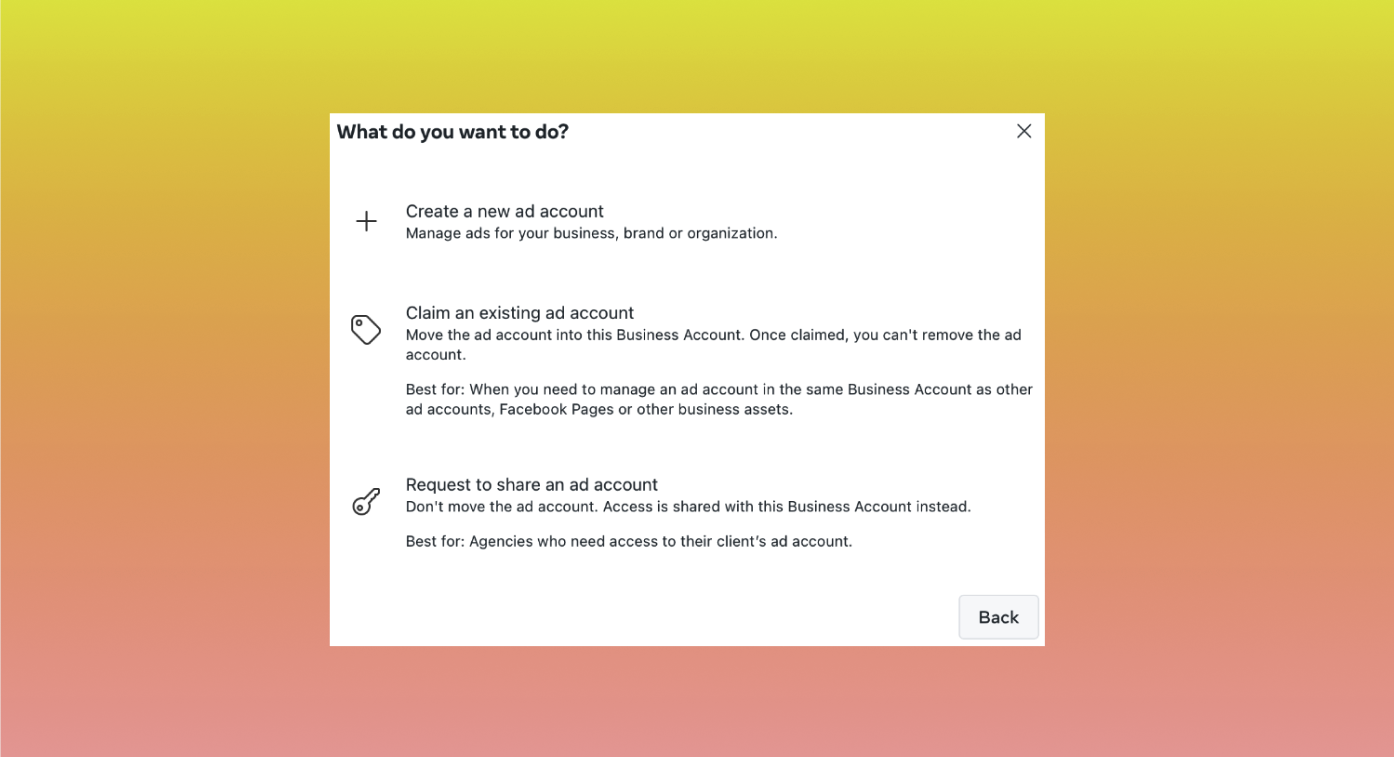Facebook Business Manager dashboard showing options to add or create an ad account.