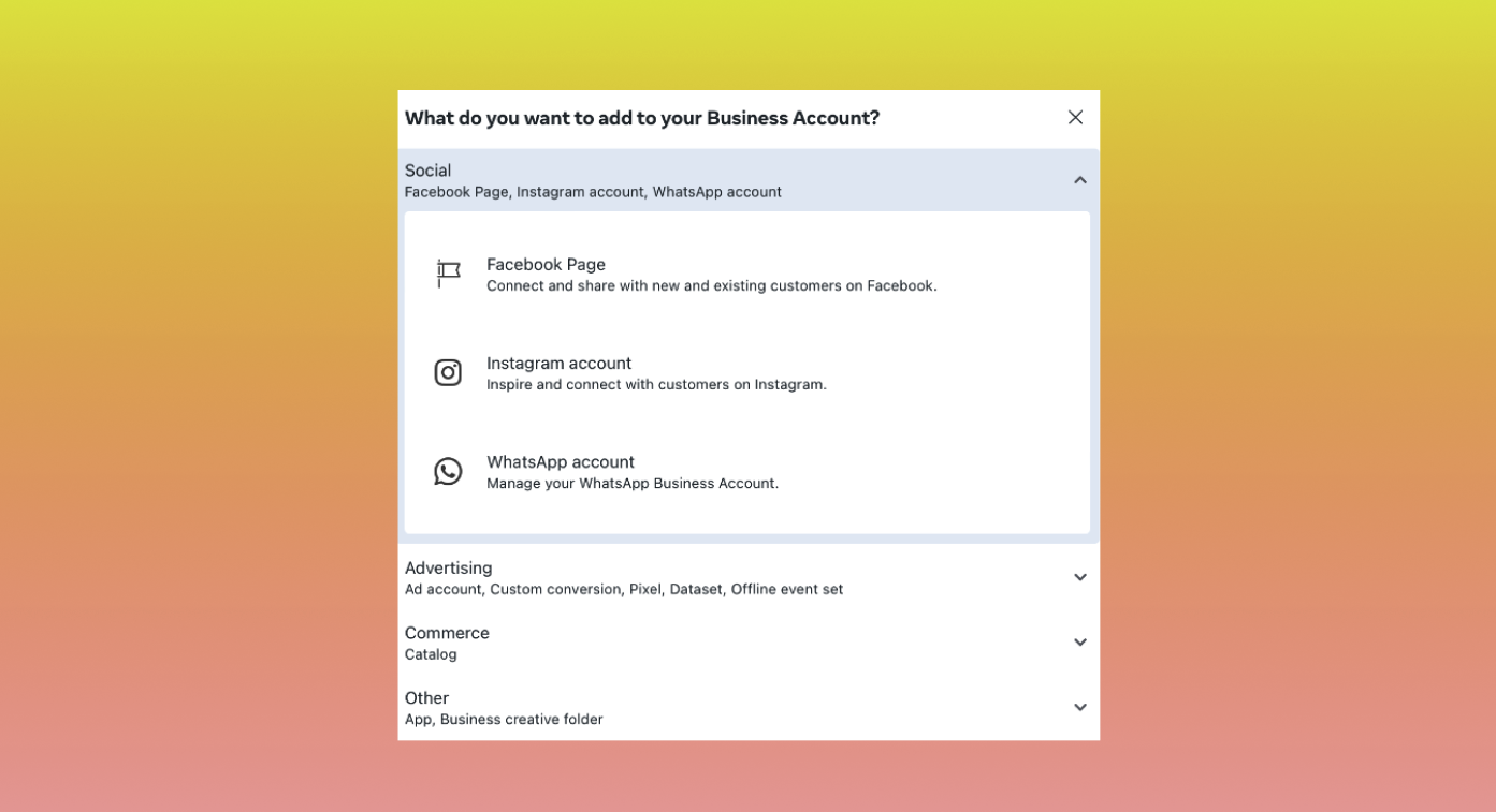Facebook Business Manager dashboard showing options to add Instagram and WhatsApp accounts.