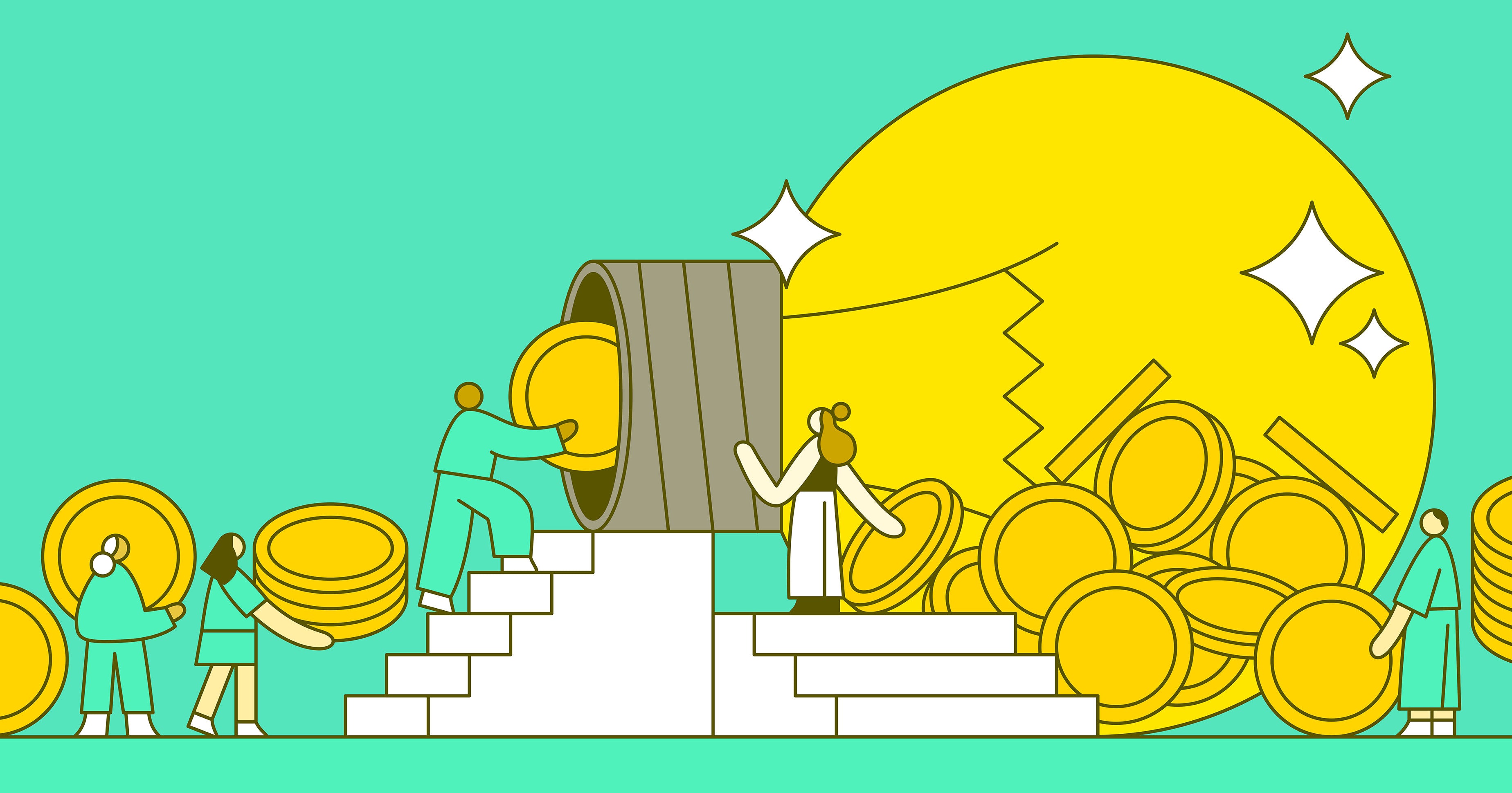 Illustration of two people climbing stairs and slotting coins into a lightbulb to represent crowdfunding a business idea