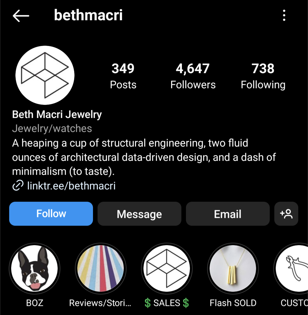 Beth Macri's Instagram bio describes the brand's minimalist design
