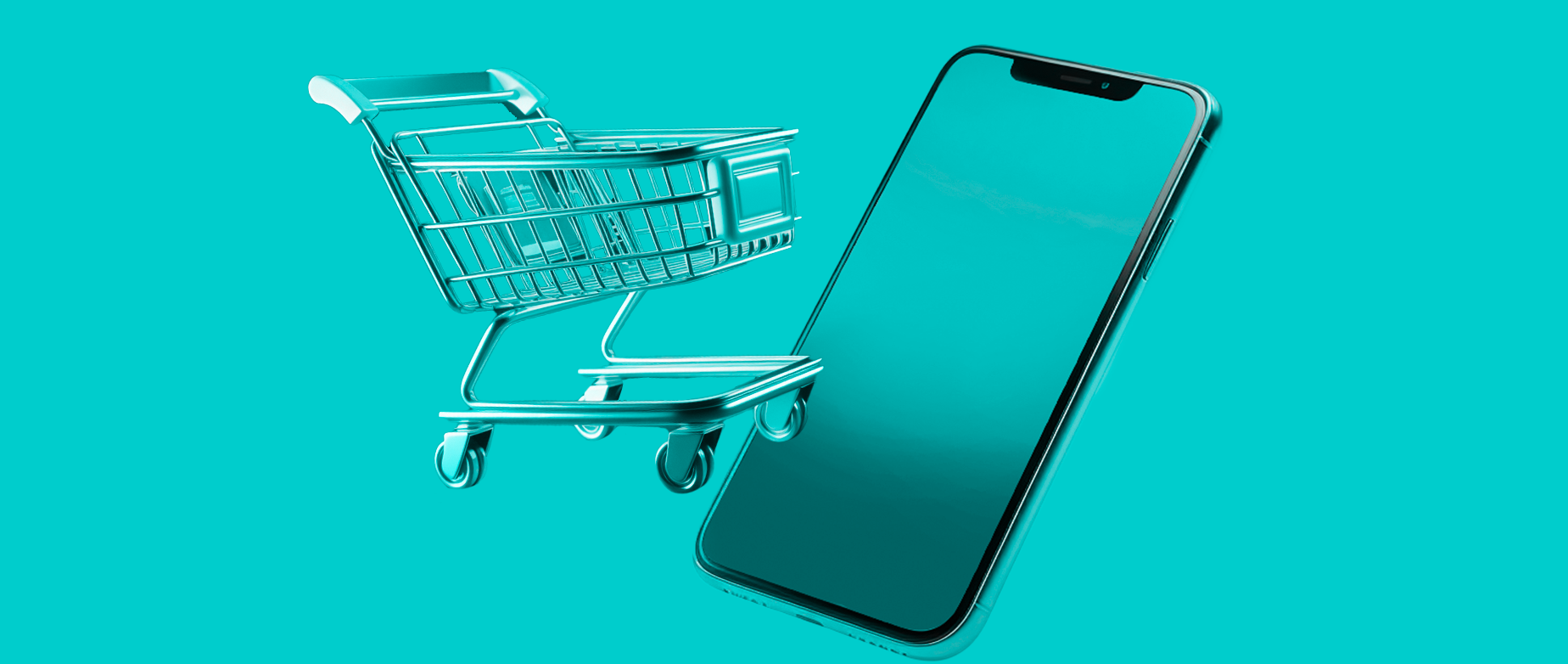 3D models of a shopping cart and a smartphone on a turquoise background.