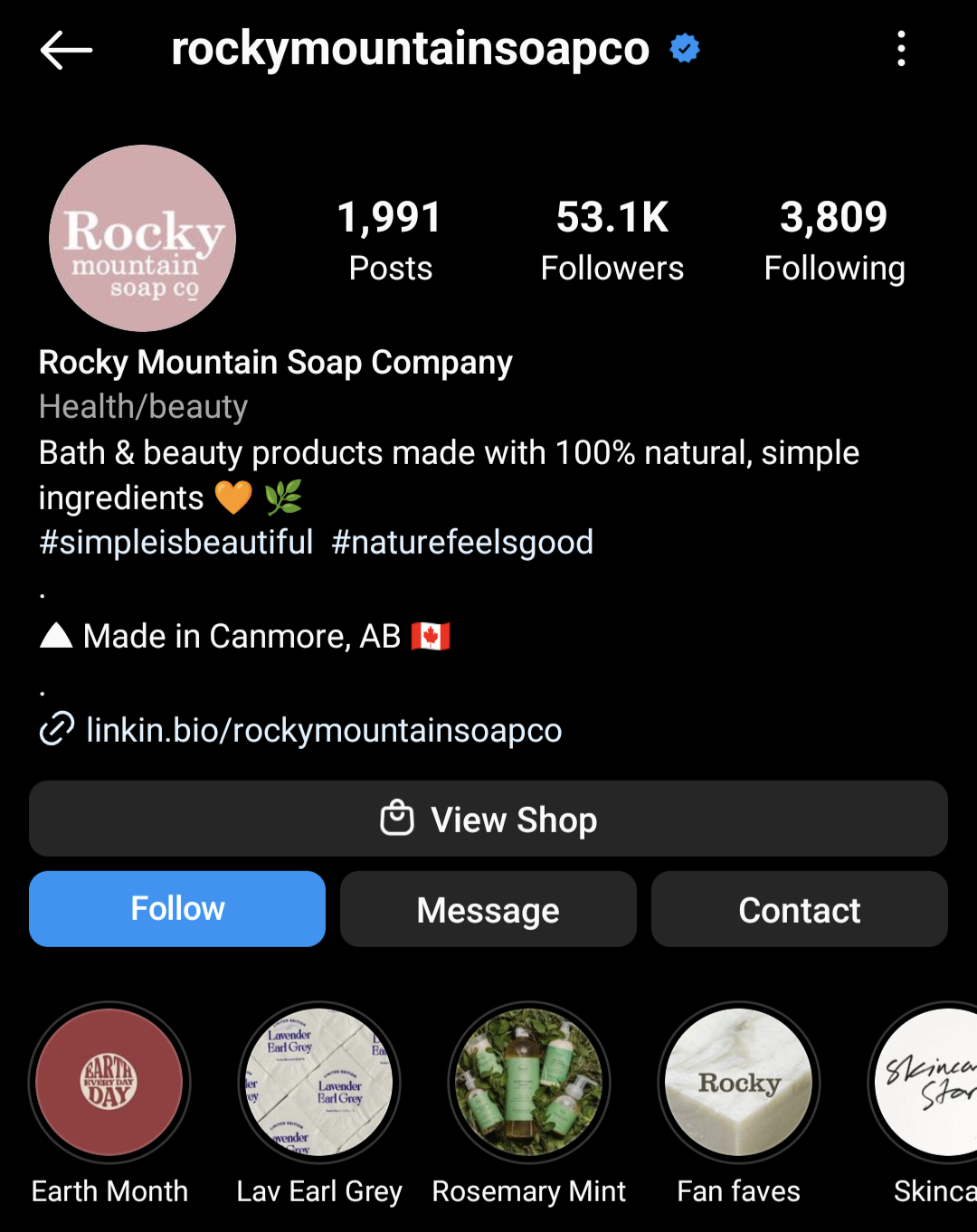 Rocky Mountain Soap Co. uses emojis in its Instagram bio to reflect its natural products