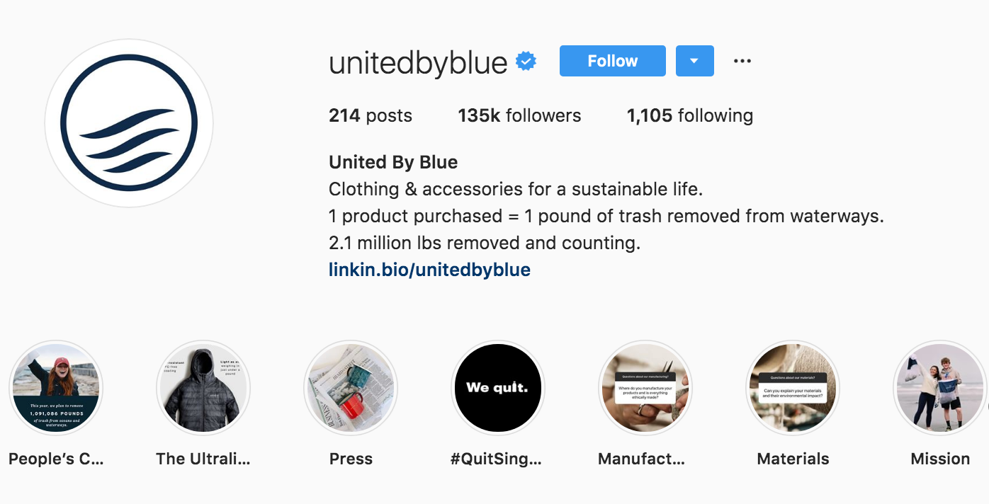 United By Blue features Highlights of its Stories in its Instagram Bio