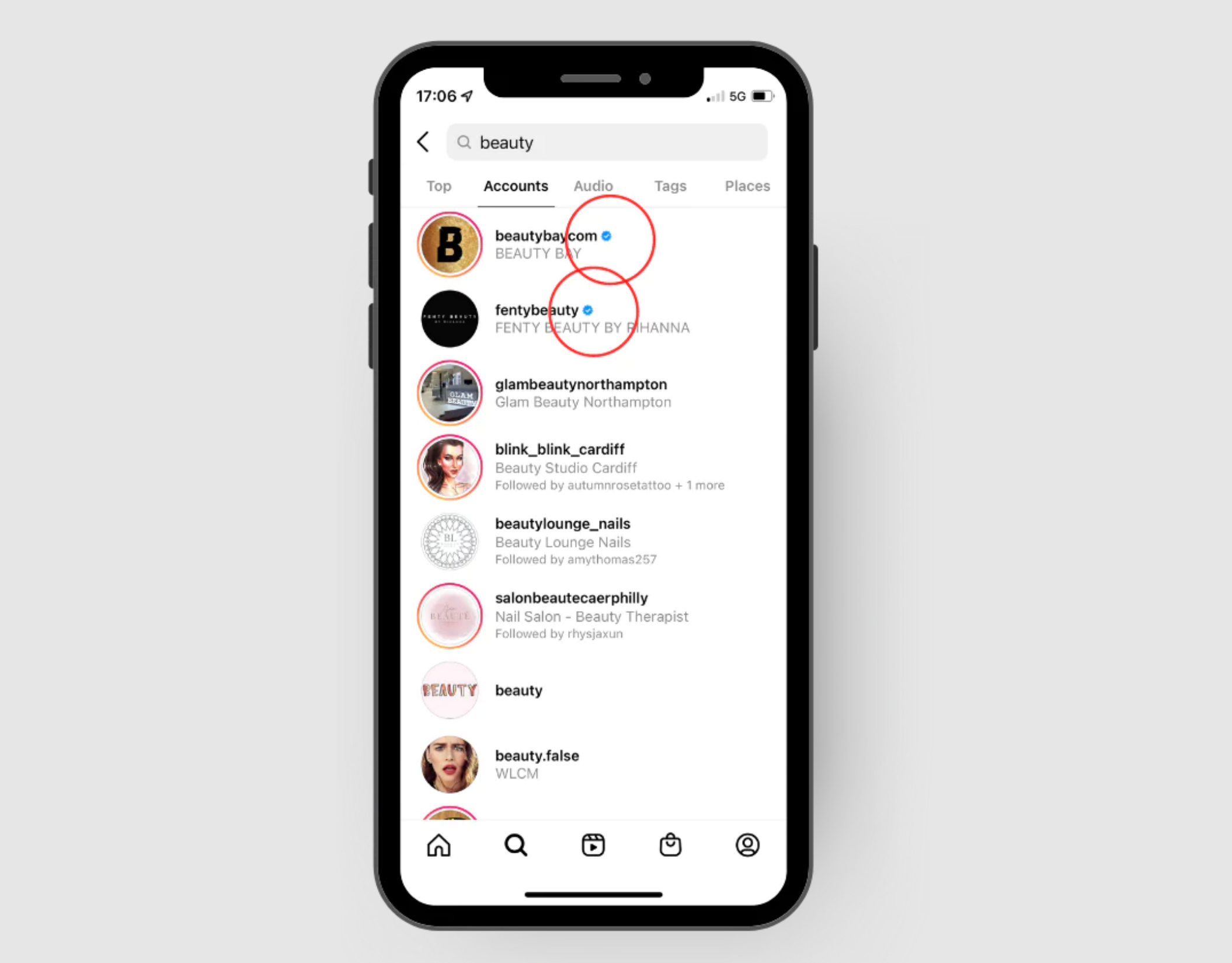 Verified Instagram accounts with blue check showing higher on search results