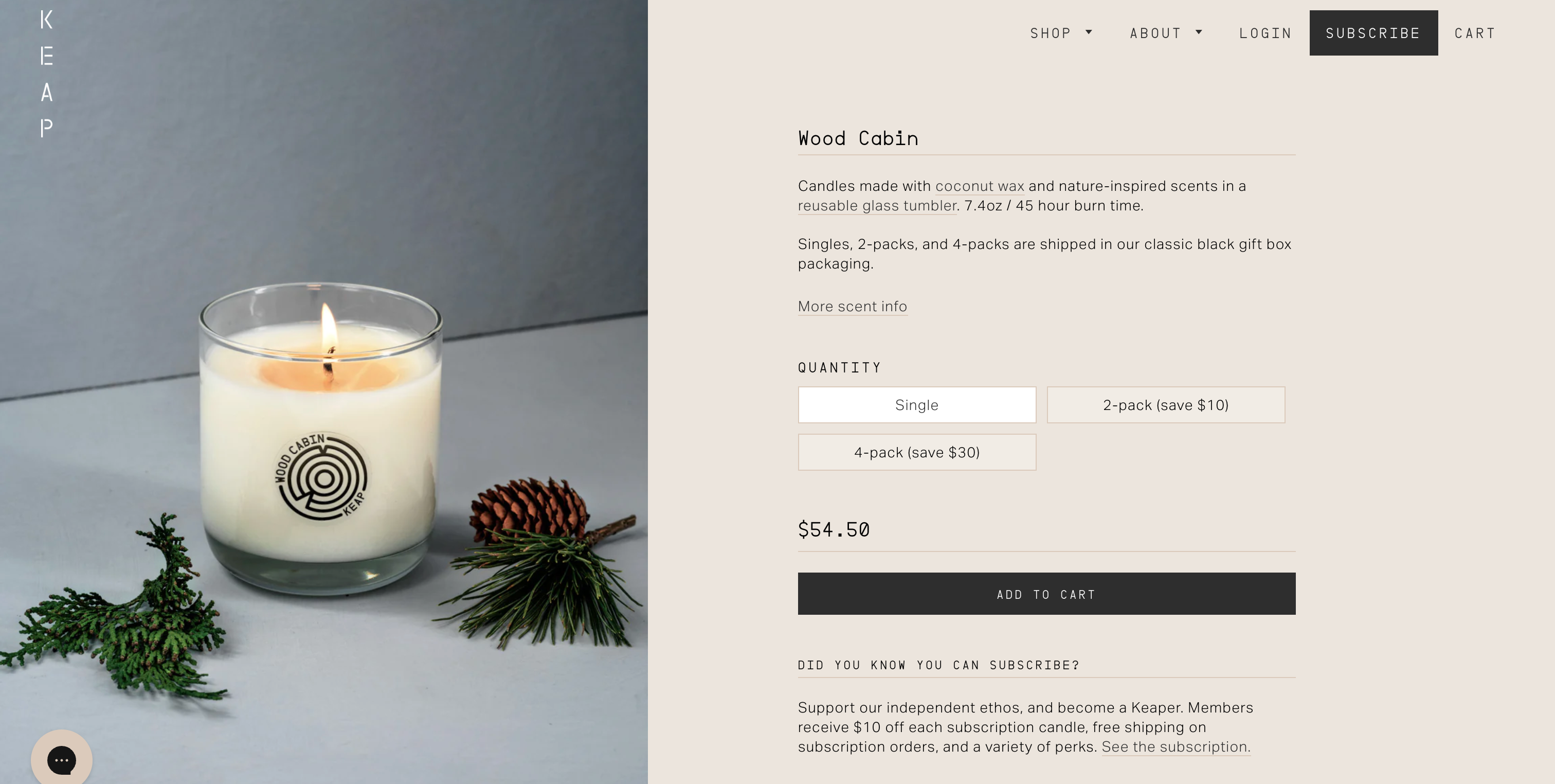 A product page by Keap candles, promoting the brand's Wood Cabin candle scent.