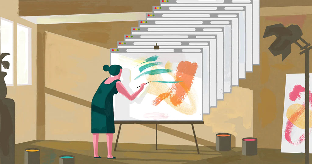 Illustration of a woman painting on a canvas that resembles browser windows