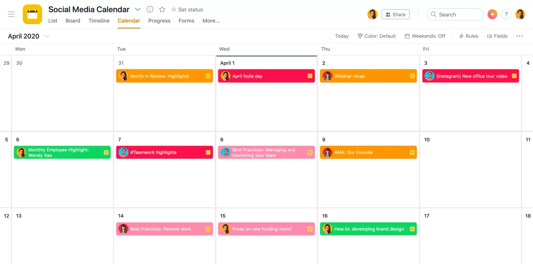 Asana’s weekly calendar view shows what posts are due to go out on each day.