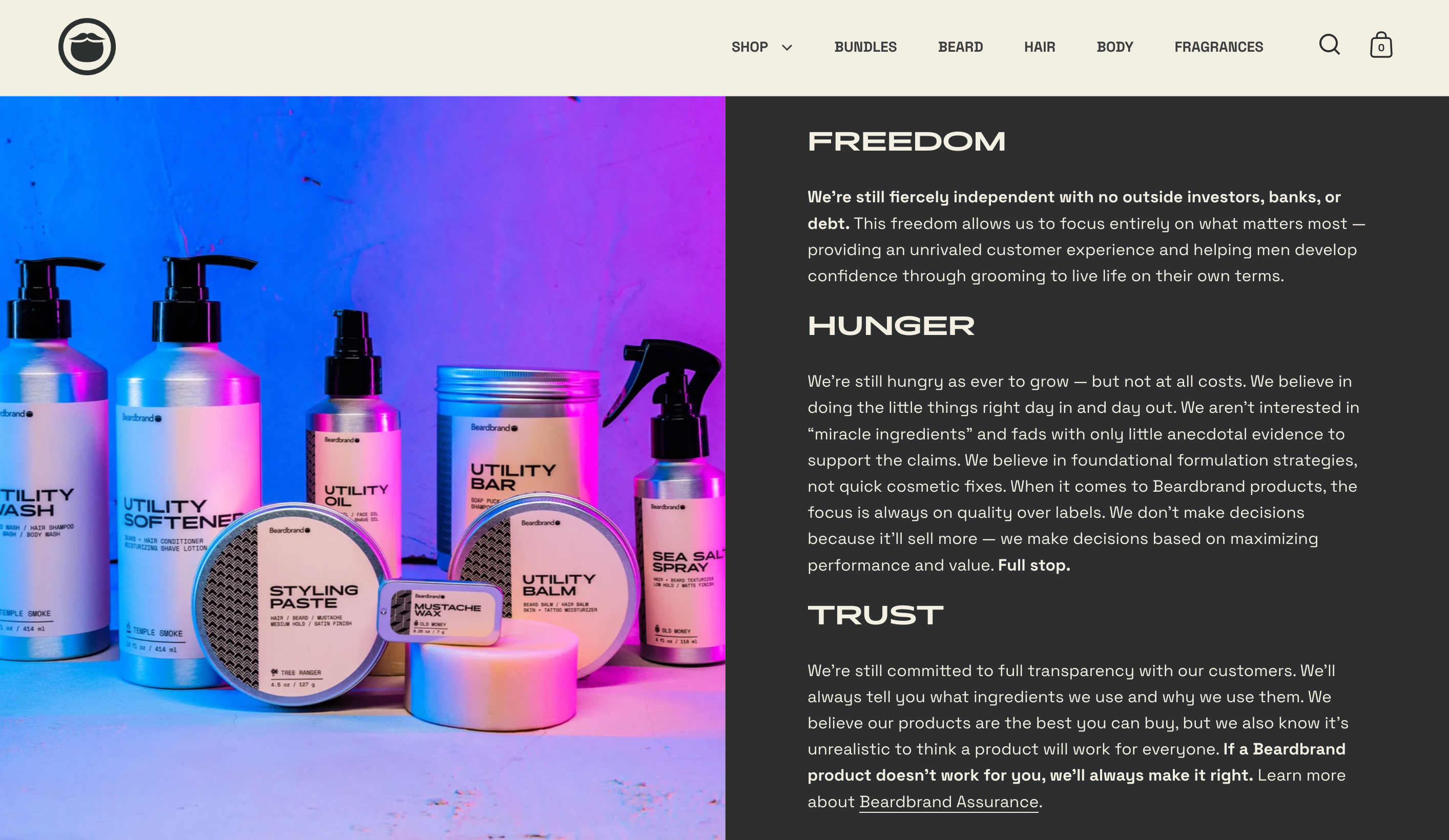 Screen grab of homepage on the Beardbrand ecommerce website