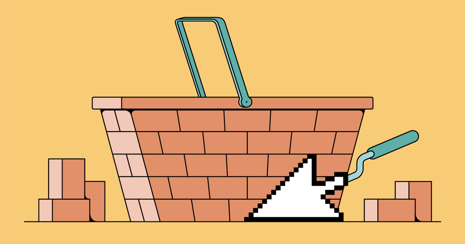Illustration of a basket made out of bricks and mortar, showcasing how an ecommerce website builder can help you construct an online store