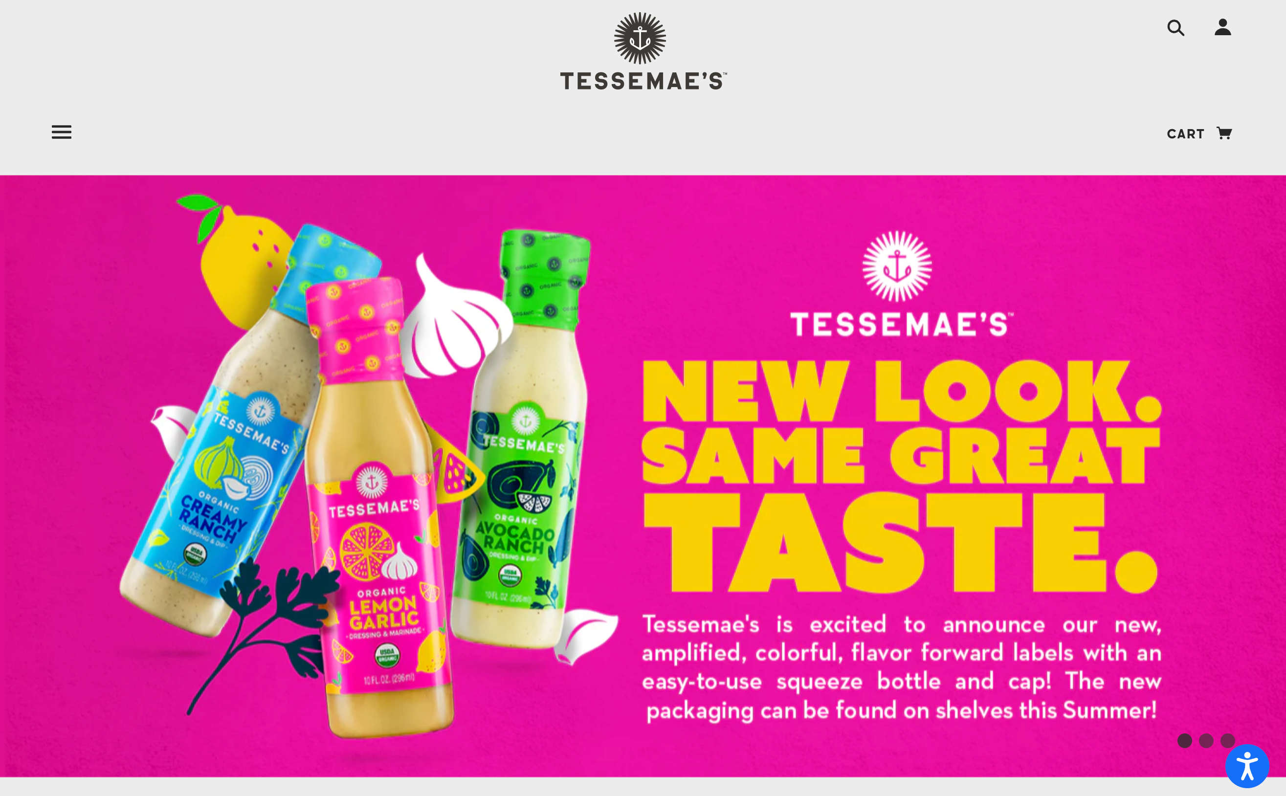 Screen grab of homepage on the Tessamae's ecommerce website