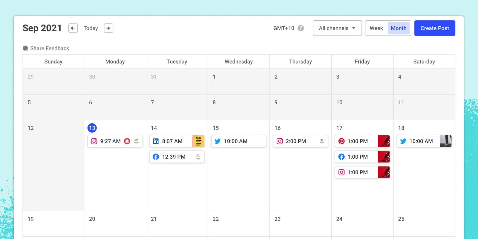 Buffer’s weekly view shows approved social media posts, due date, and platform.