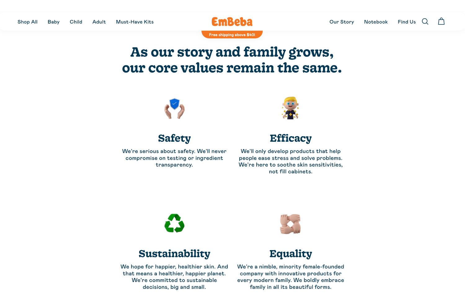 Ecommerce website page for brand Embeba