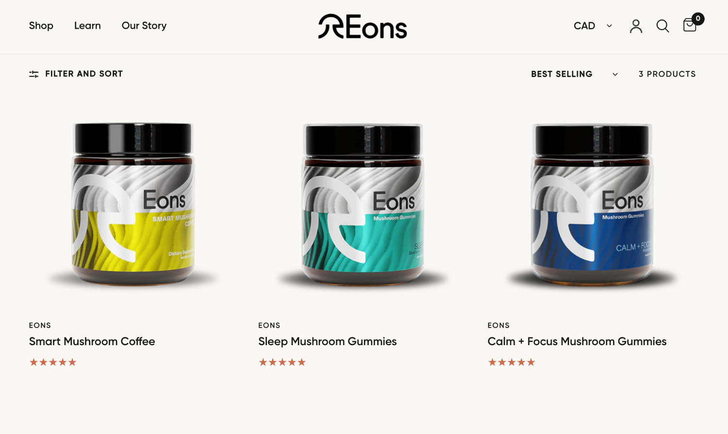 Ecommerce website page for brand Eons