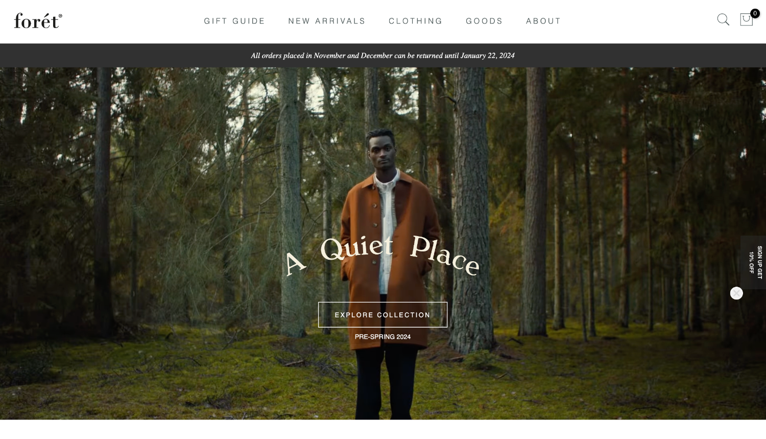 Ecommerce website page for brand foret