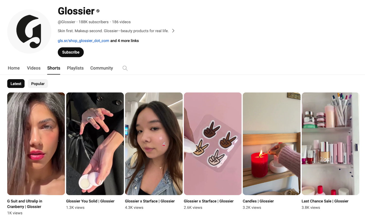 YouTube Channel page for brand Glossier
