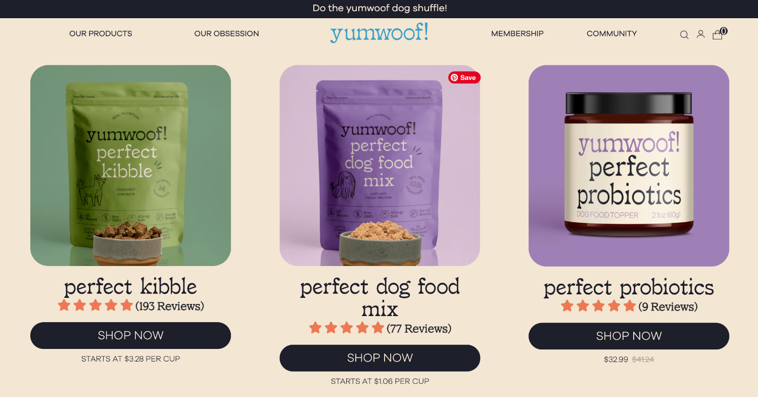 Ecommerce website page for brand Yumwoof!