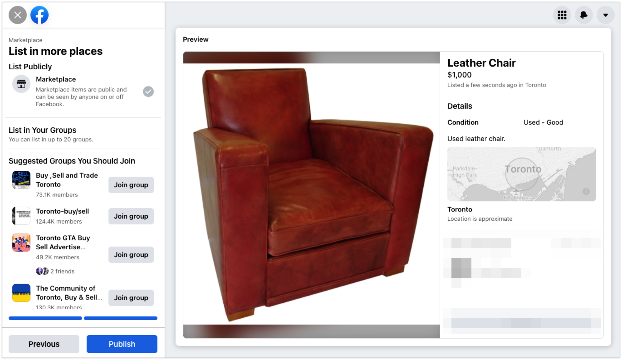 Buy and Sell group options to join beside a preview of a listing for a leather chair