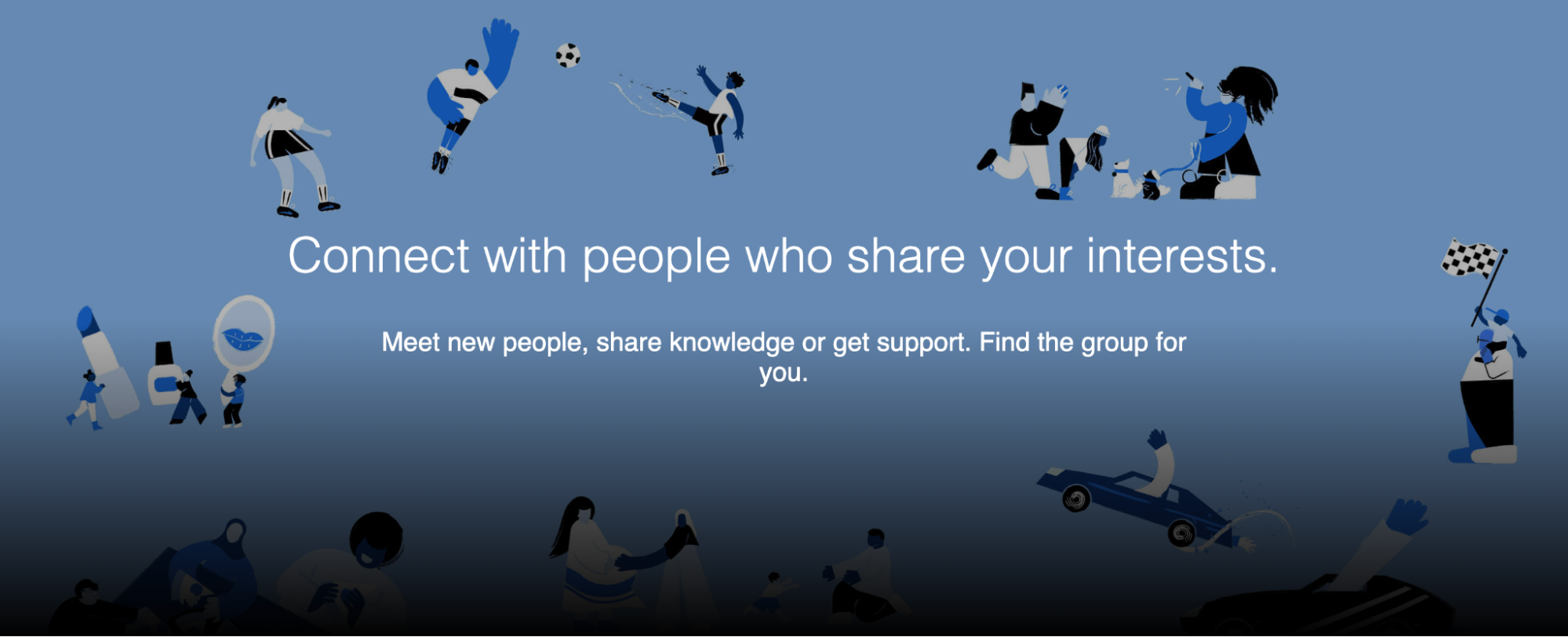 Banner for Facebook Groups with illustrations of people practicing hobbies such as soccer and dog walking.