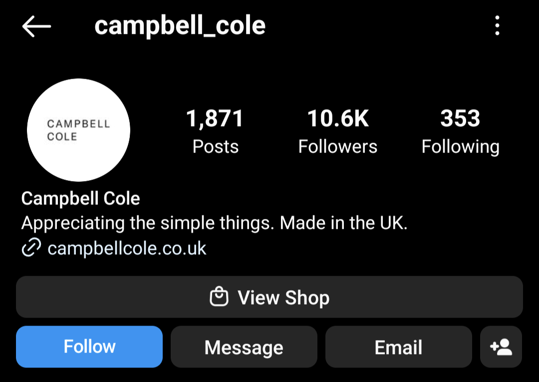 Clothing brand Campbell Cole's Instagram bio