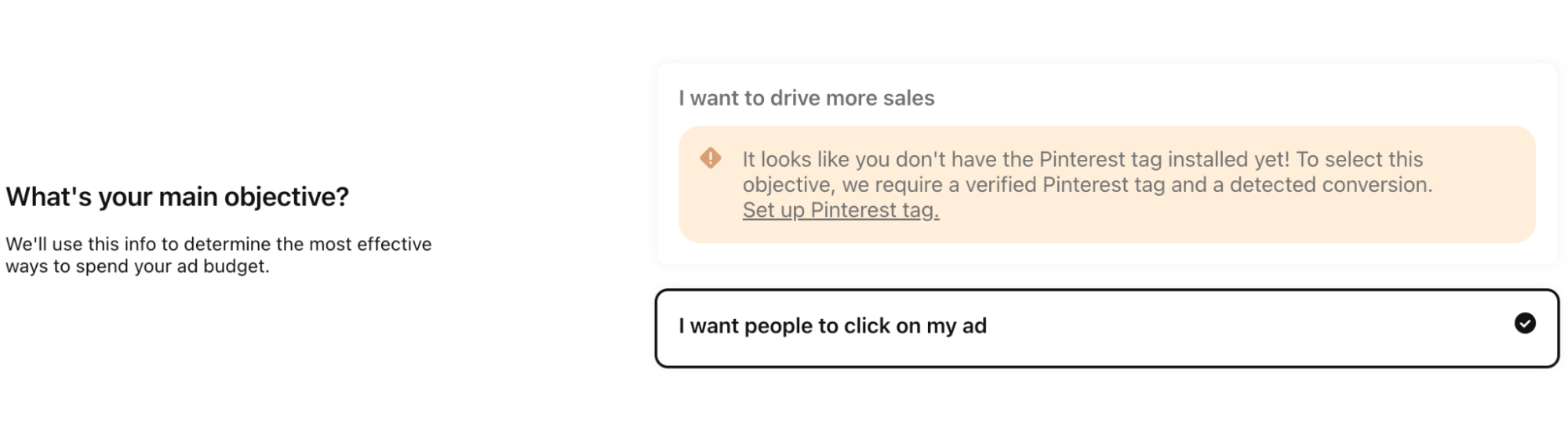 Choosing a campaign objective for Pinterest ad