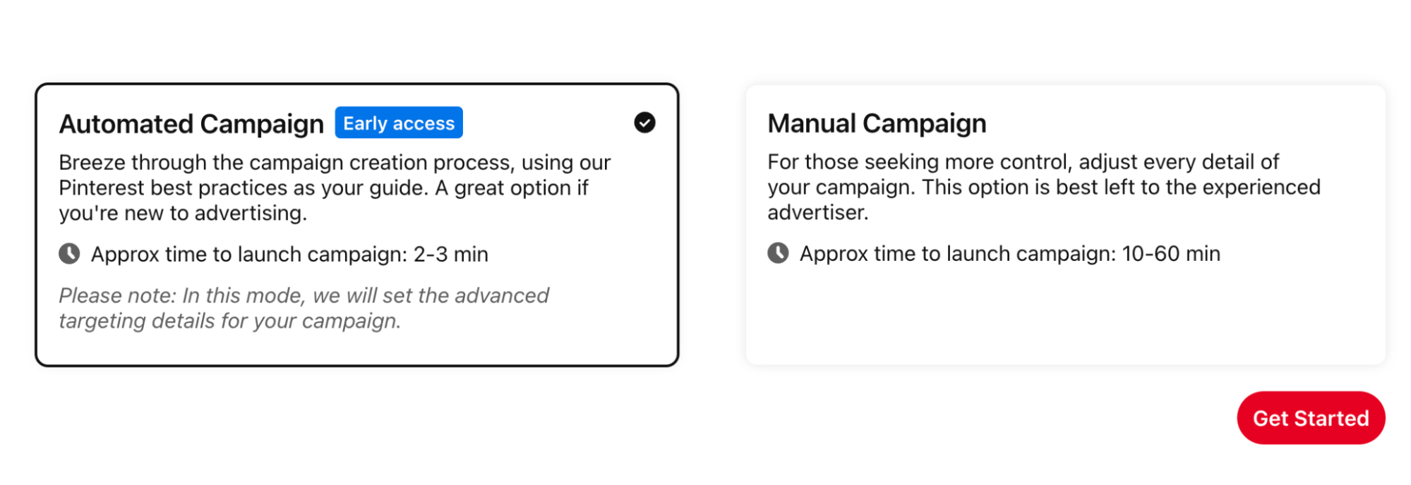 Choosing automated campaign in Pinterest Business dashboard