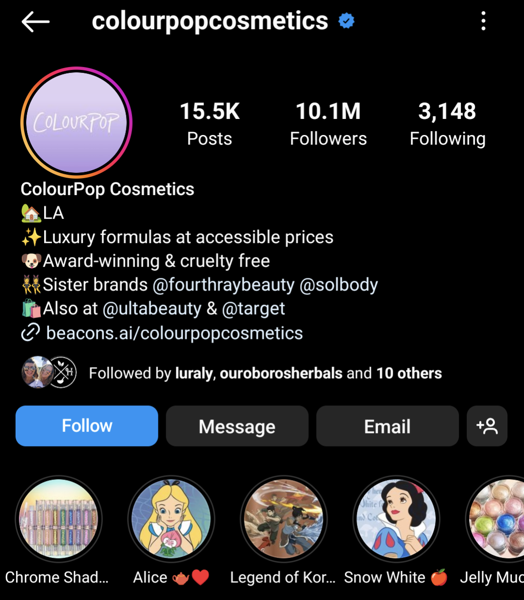 ColourPop's Instagram bio reminds users its products are cruelty-free