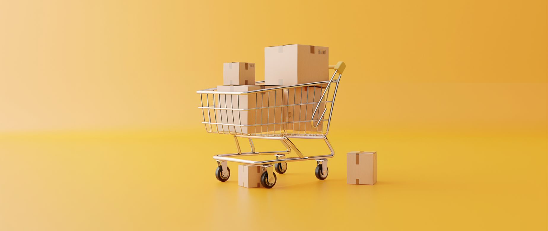 A shopping cart is filled with cardboard boxes to represent the concept of dropshipping.