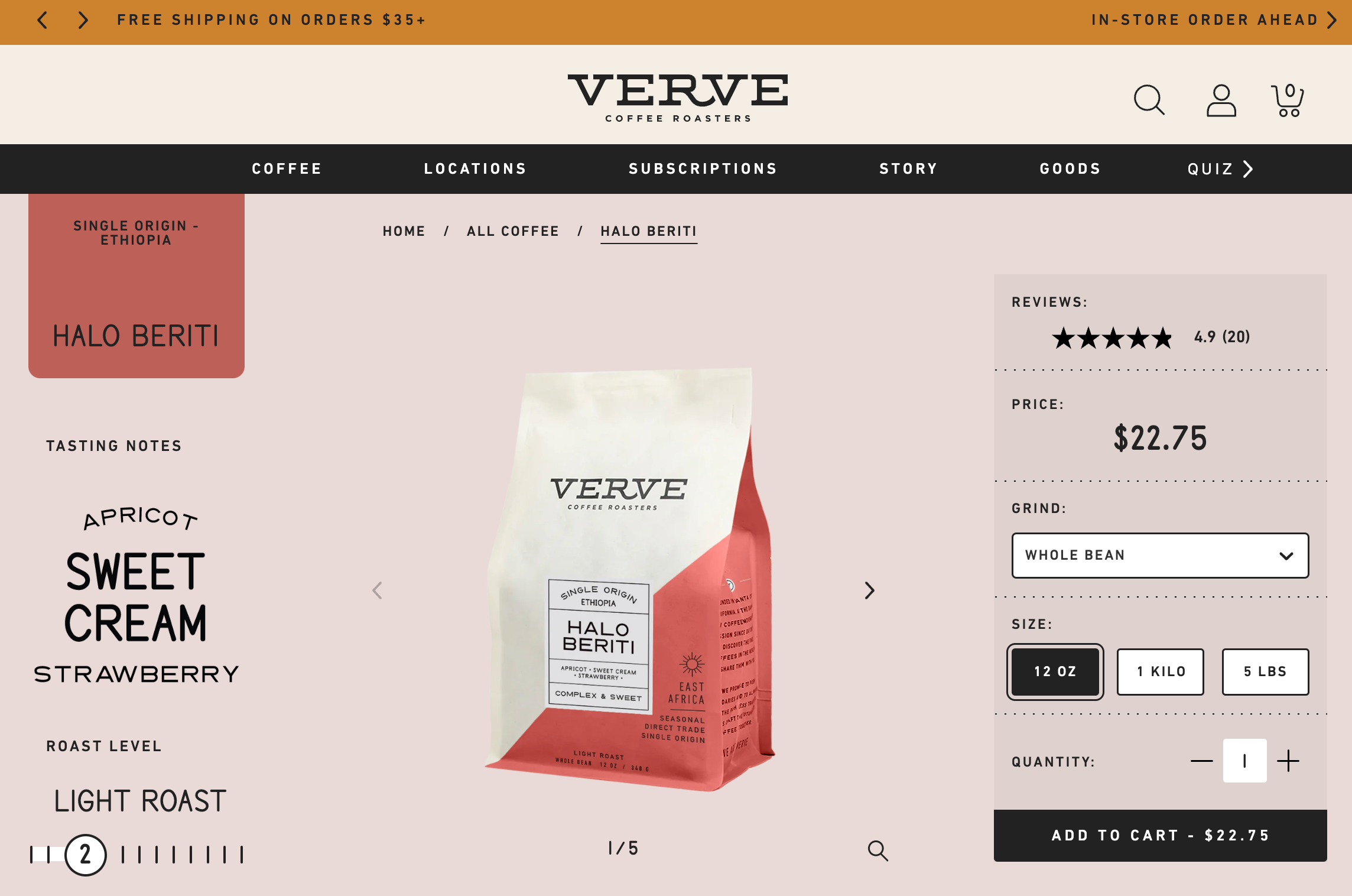 Screen grab of product page on the Verve ecommerce website